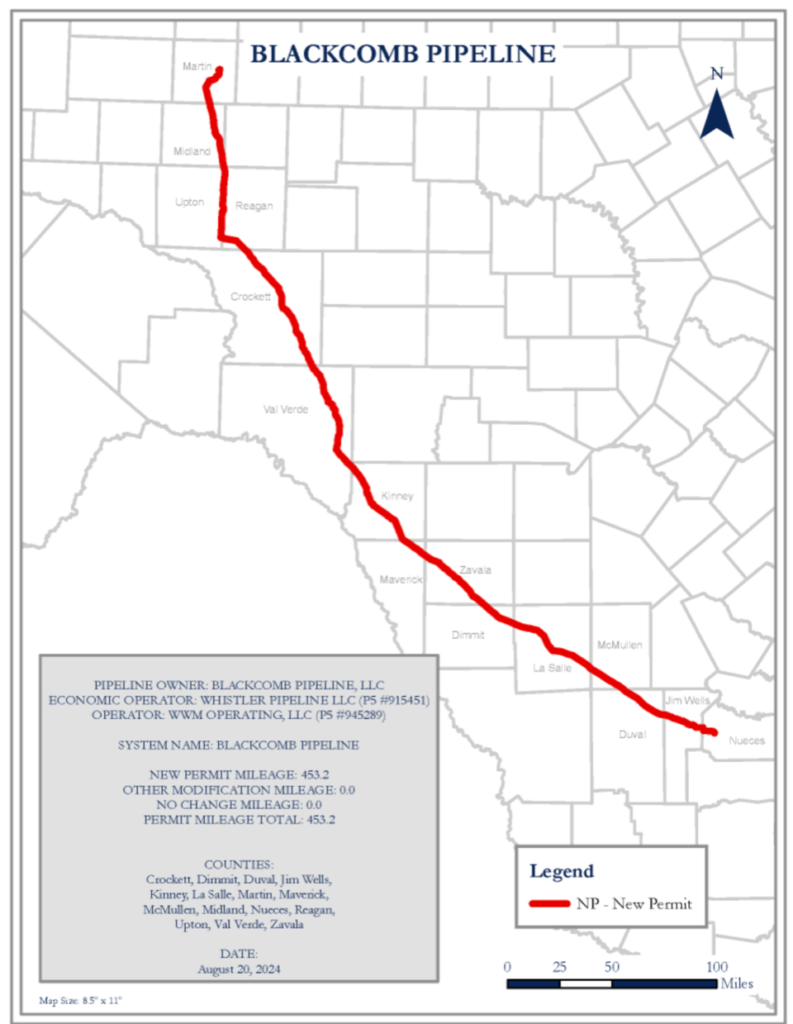 Map of the Blackcomb Pipeline Project through Texas Counties